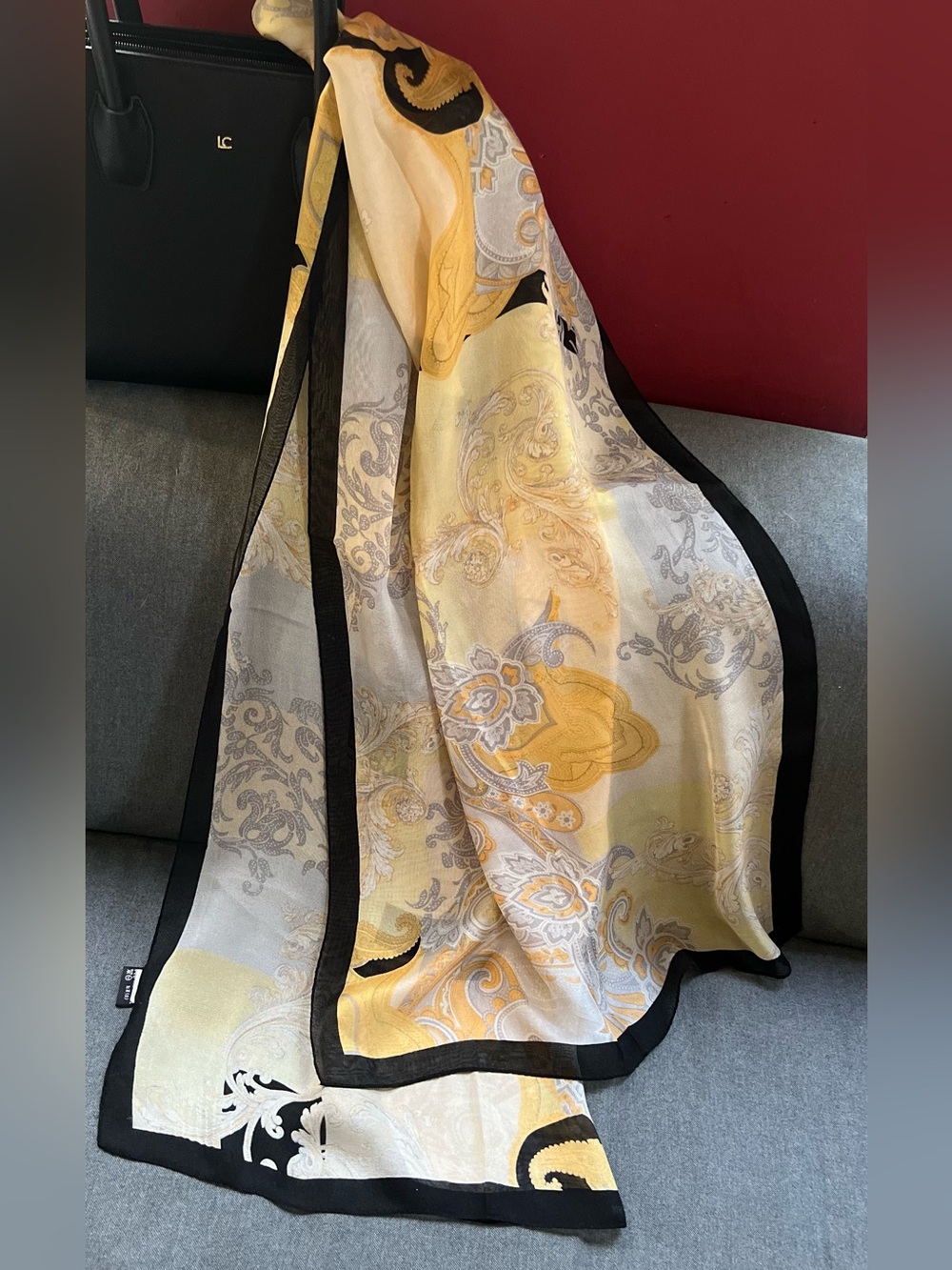 Elegant Silk Scarf Mustard Cream Paisley Baroque Patterns Stole Shawl Retro Luxe